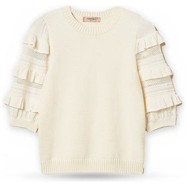 Maglie Donna Twinset - Maglia Manica Corta Con Rouches E Punto Rete - Panna