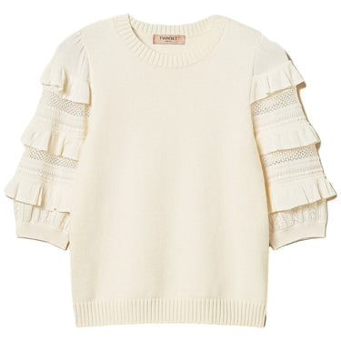 Maglie Donna Twinset - Maglia Manica Corta Con Rouches E Punto Rete - Panna