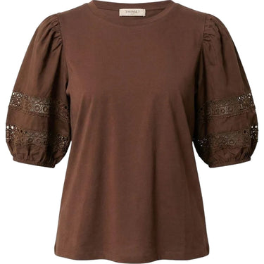 T-shirt Donna Twinset - T-Shirt In Jersey Con Maniche Baloon In Popeline - Marrone