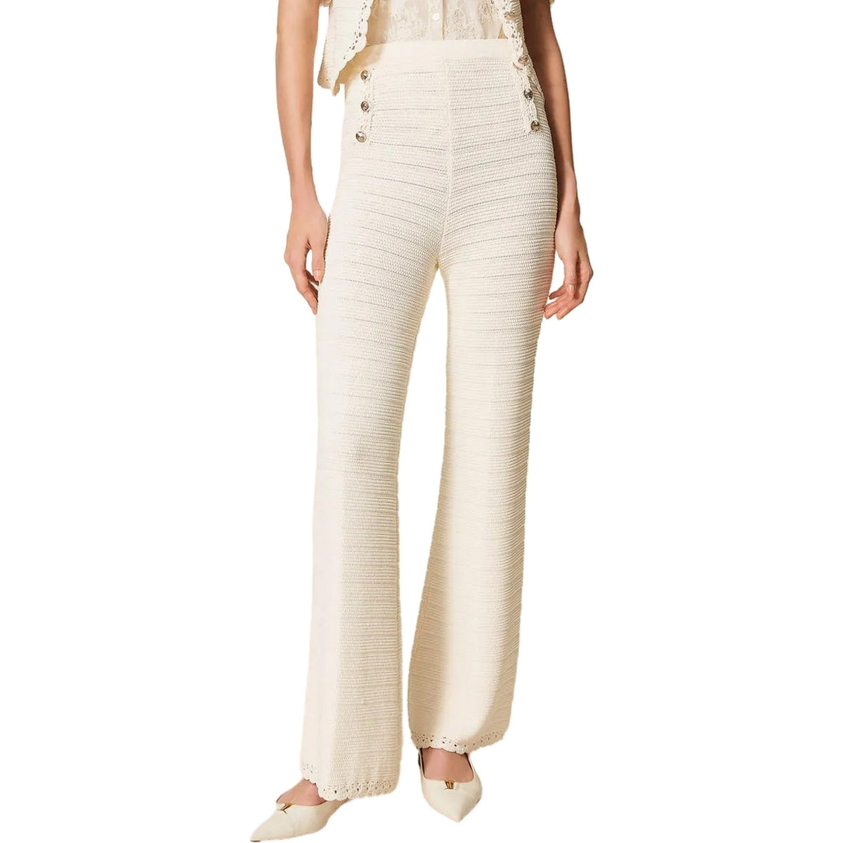Pantaloni Donna Twinset - Pantalone In Maglia Bordi Crochet - Beige