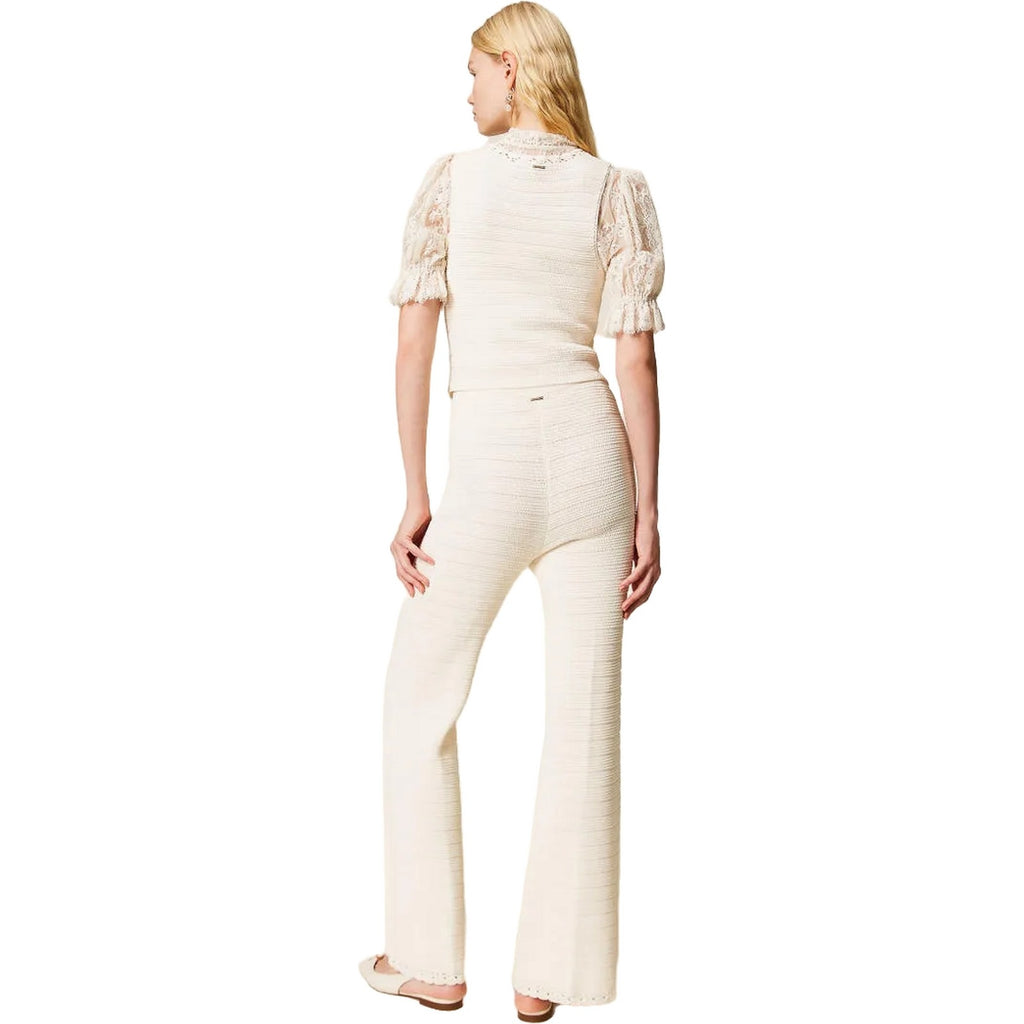 Pantaloni Donna Twinset - Pantalone In Maglia Bordi Crochet - Beige