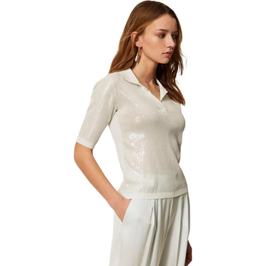 Polo Donna Twinset - Polo In Maglia Ricamo Pailettes - Celeste