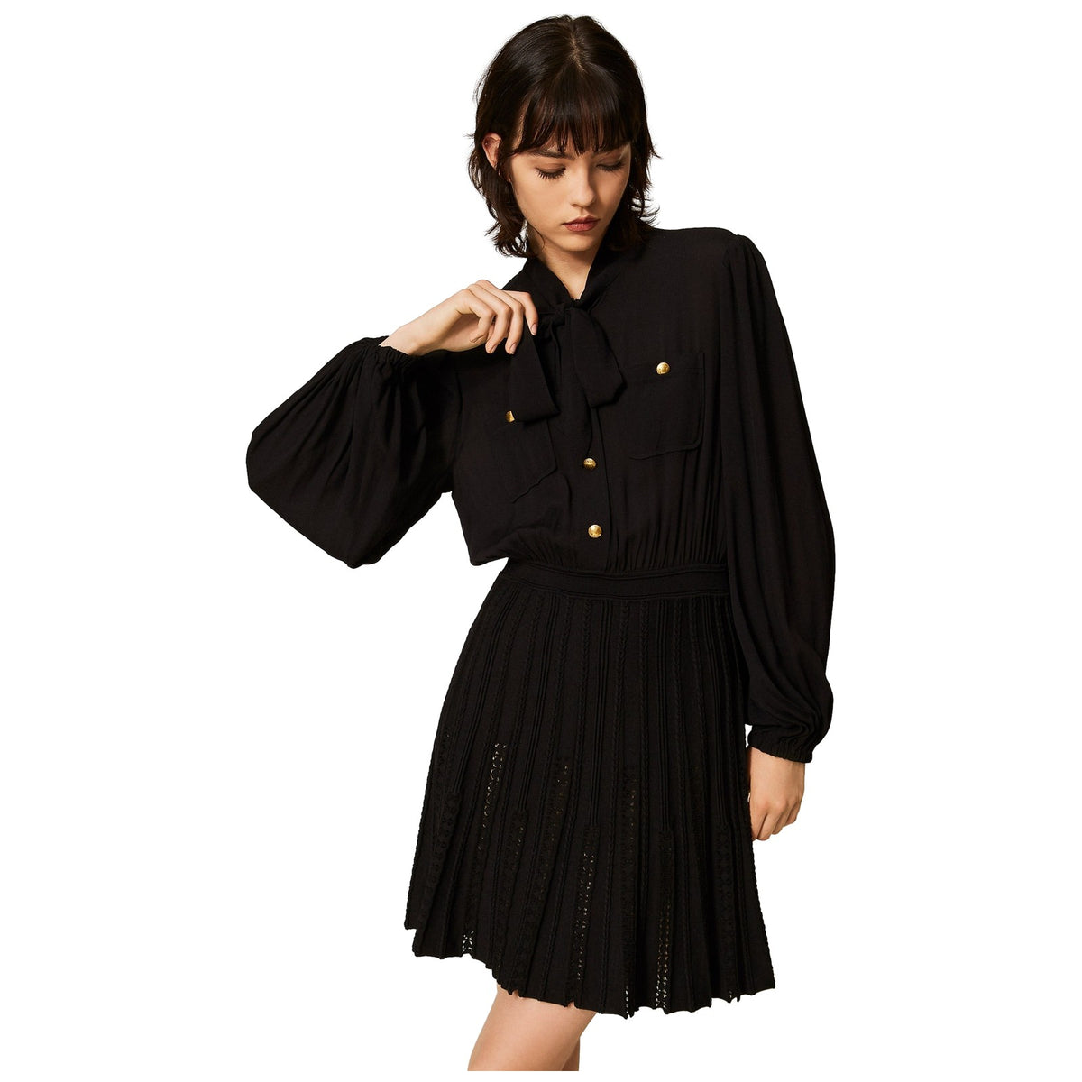 Vestiti casual Donna Twinset - Abito Bi-materiale C/Sciarpina - Nero