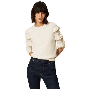 Maglie Donna Twinset - Maglia Manica Corta Con Rouches E Punto Rete - Panna
