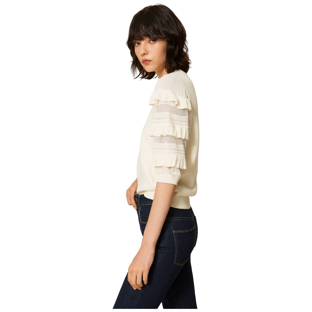 Maglie Donna Twinset - Maglia Manica Corta Con Rouches E Punto Rete - Panna