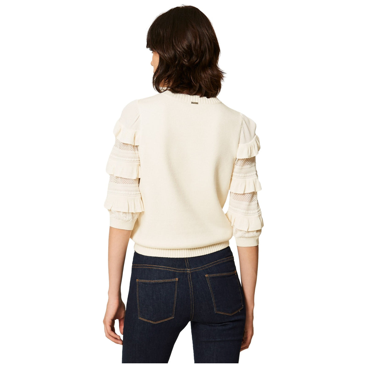 Maglie Donna Twinset - Maglia Manica Corta Con Rouches E Punto Rete - Panna