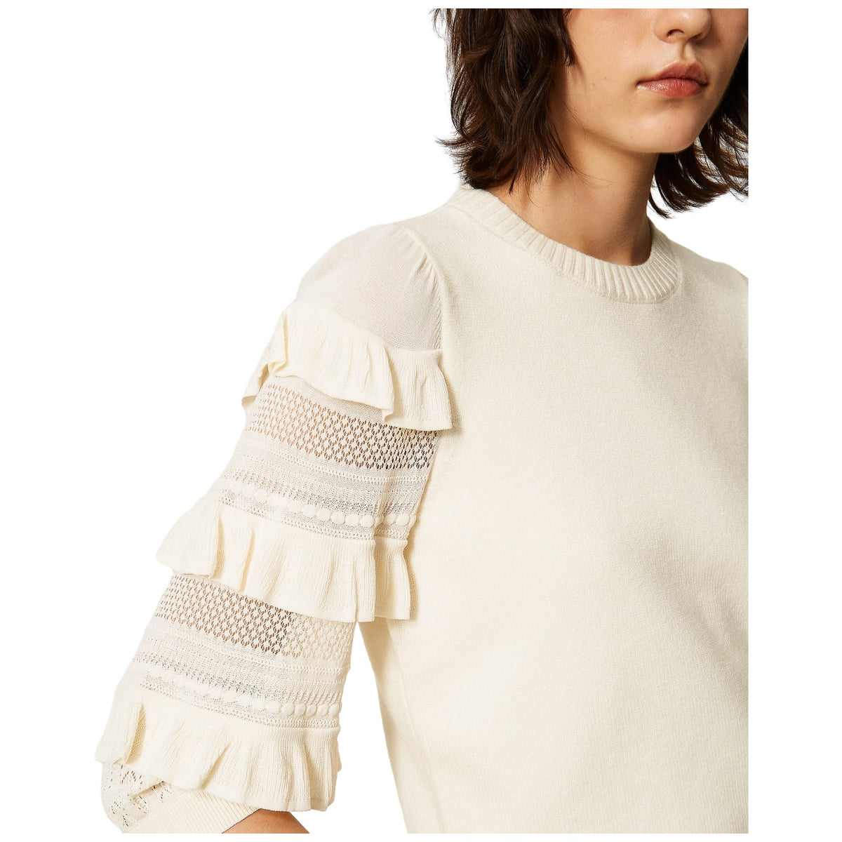 Maglie Donna Twinset - Maglia Manica Corta Con Rouches E Punto Rete - Panna