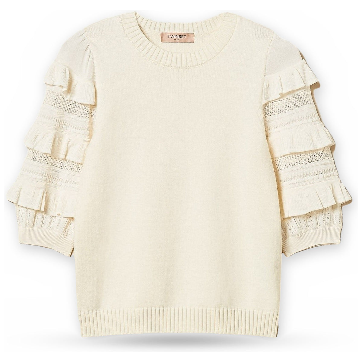 Maglie Donna Twinset - Maglia Manica Corta Con Rouches E Punto Rete - Panna