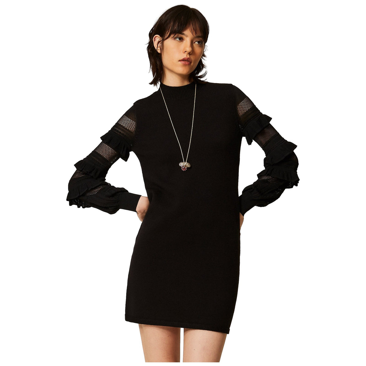 Vestiti casual Donna Twinset - Mini Abito In Maglia Con Rouches E Punto Rete - Nero