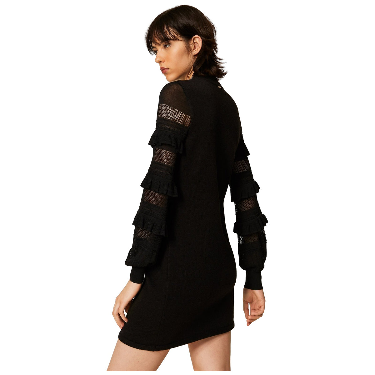 Vestiti casual Donna Twinset - Mini Abito In Maglia Con Rouches E Punto Rete - Nero