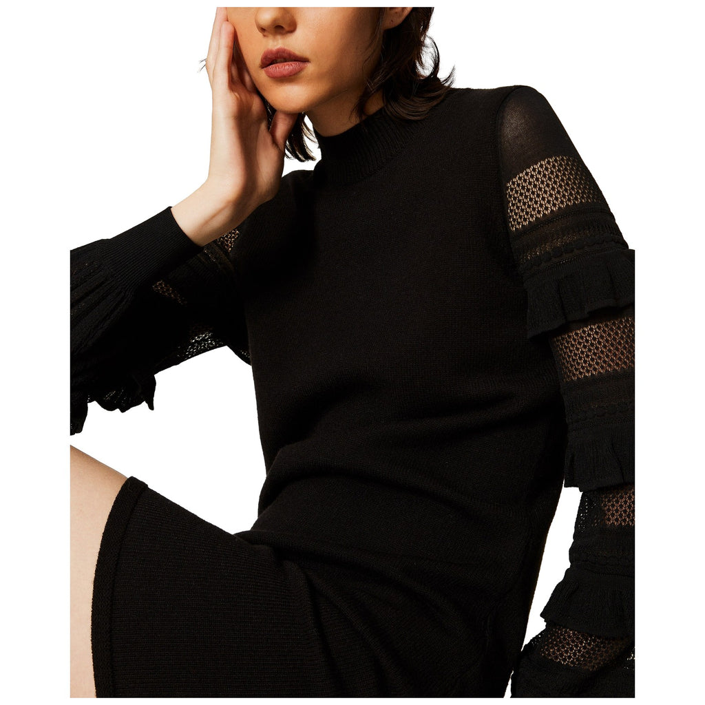 Vestiti casual Donna Twinset - Mini Abito In Maglia Con Rouches E Punto Rete - Nero
