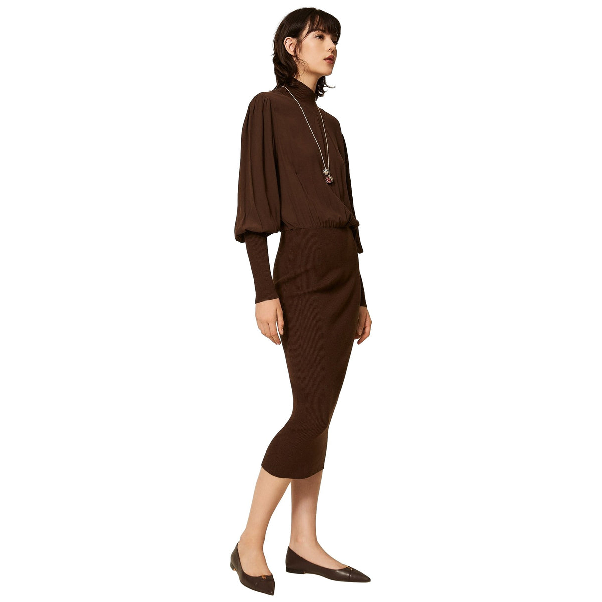Vestiti casual Donna Twinset - Abito Lungo Bi-materiale Con Crepe De Chine - Marrone