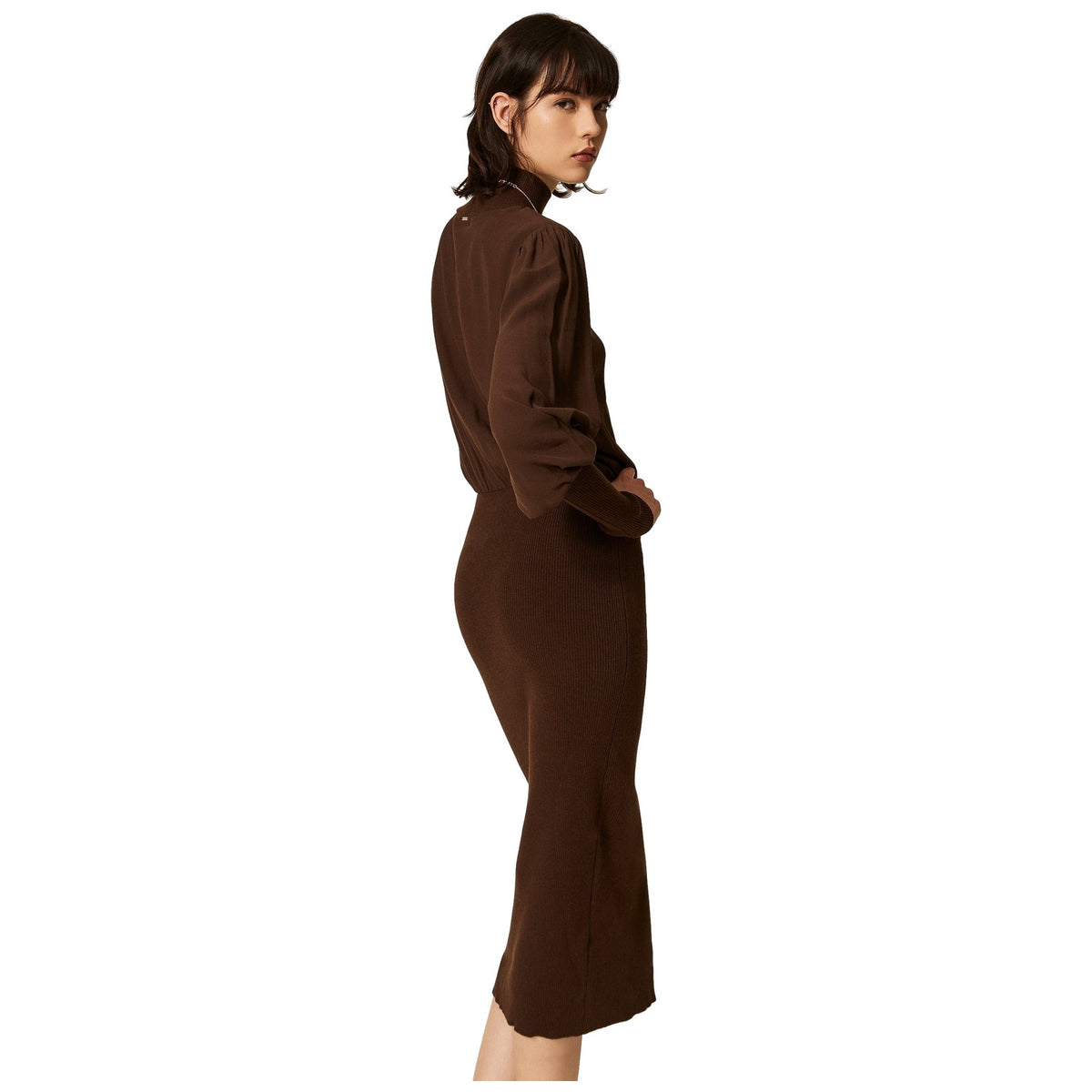 Vestiti casual Donna Twinset - Abito Lungo Bi-materiale Con Crepe De Chine - Marrone