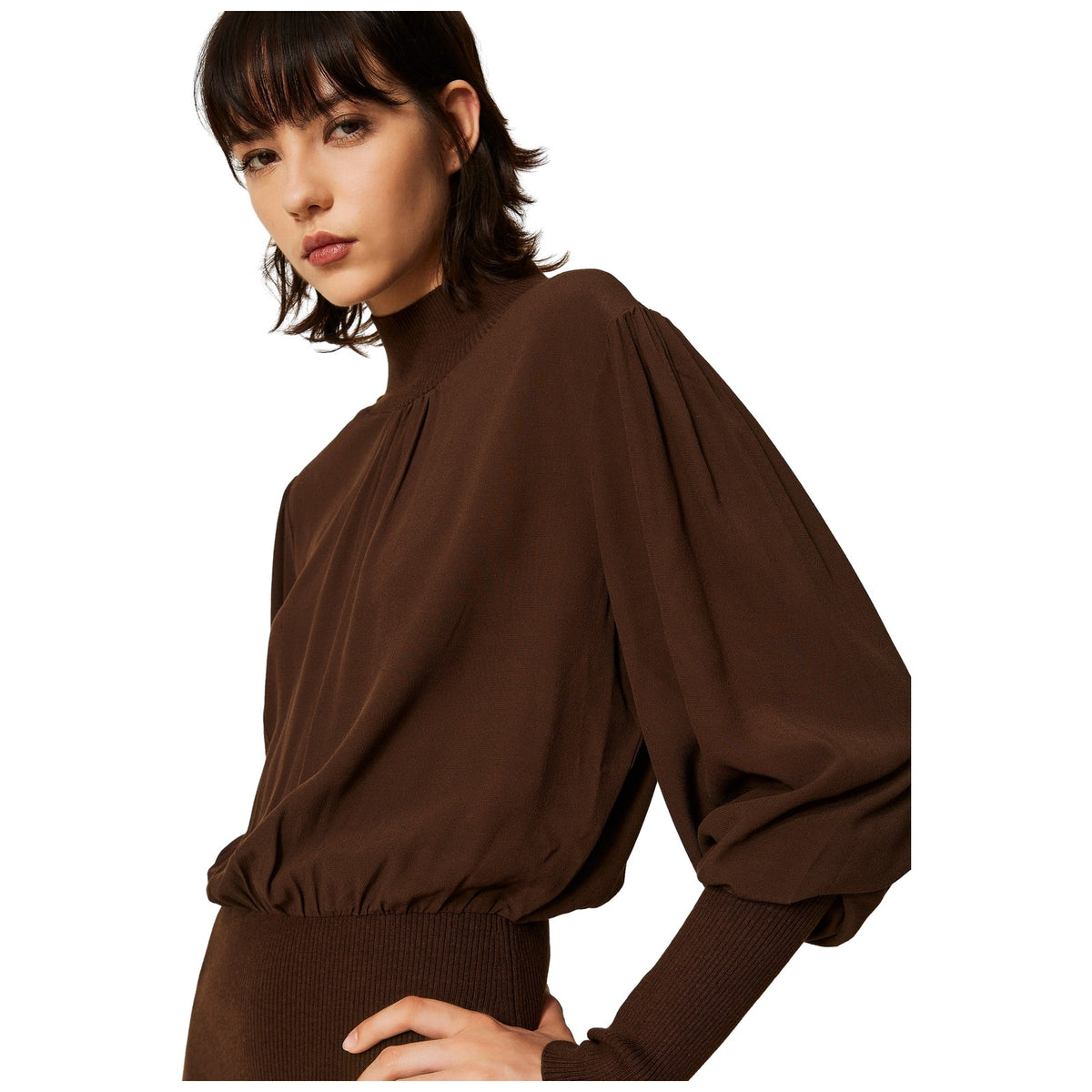 Vestiti casual Donna Twinset - Abito Lungo Bi-materiale Con Crepe De Chine - Marrone