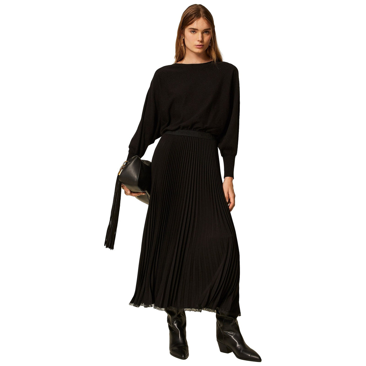 Vestiti casual Donna Twinset - Abito Lungo Bi-materiale Crepe De Chine Plisse' - Nero