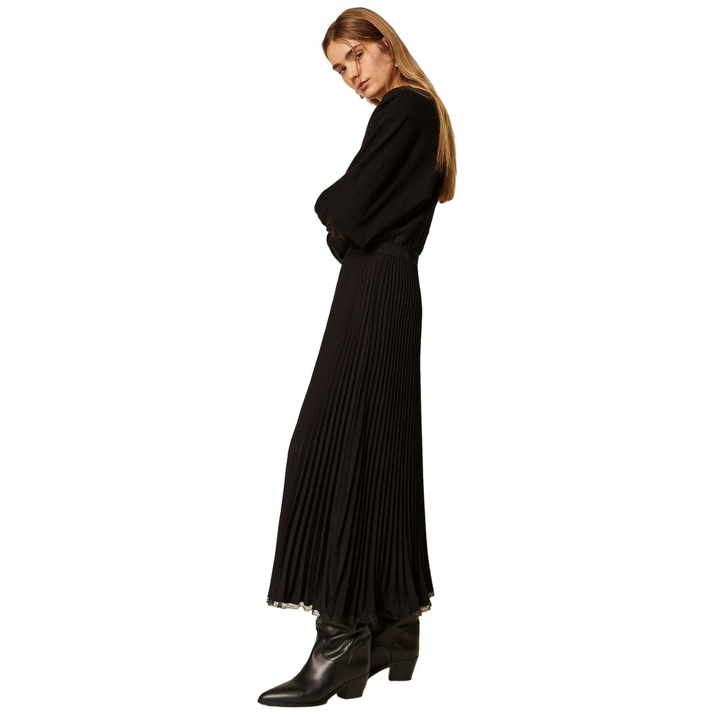 Vestiti casual Donna Twinset - Abito Lungo Bi-materiale Crepe De Chine Plisse' - Nero