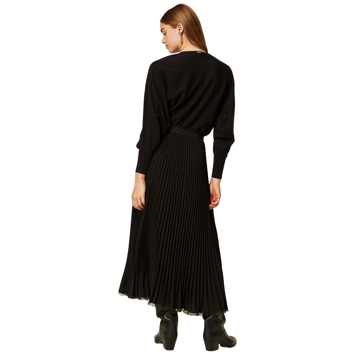Vestiti casual Donna Twinset - Abito Lungo Bi-materiale Crepe De Chine Plisse' - Nero