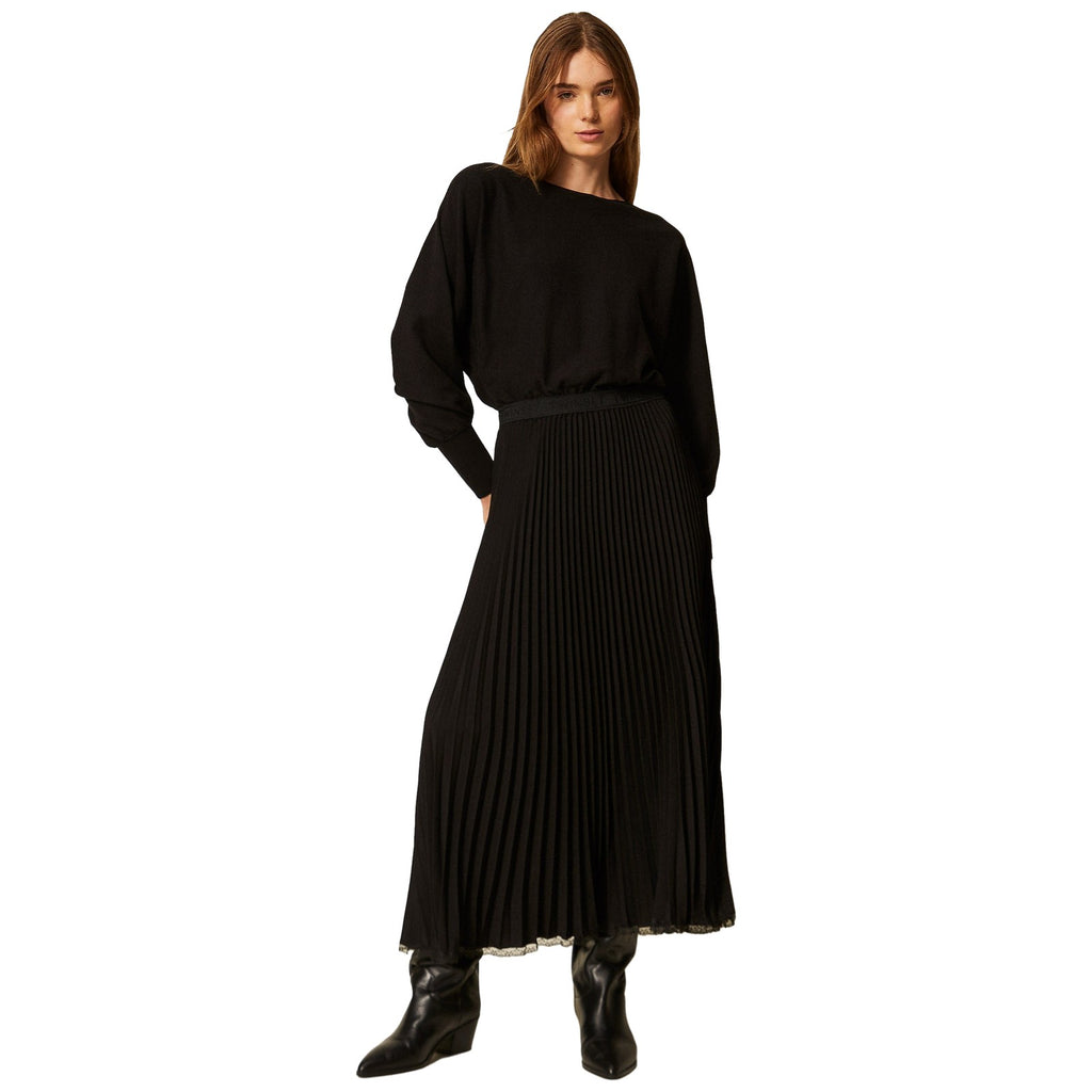 Vestiti casual Donna Twinset - Abito Lungo Bi-materiale Crepe De Chine Plisse' - Nero