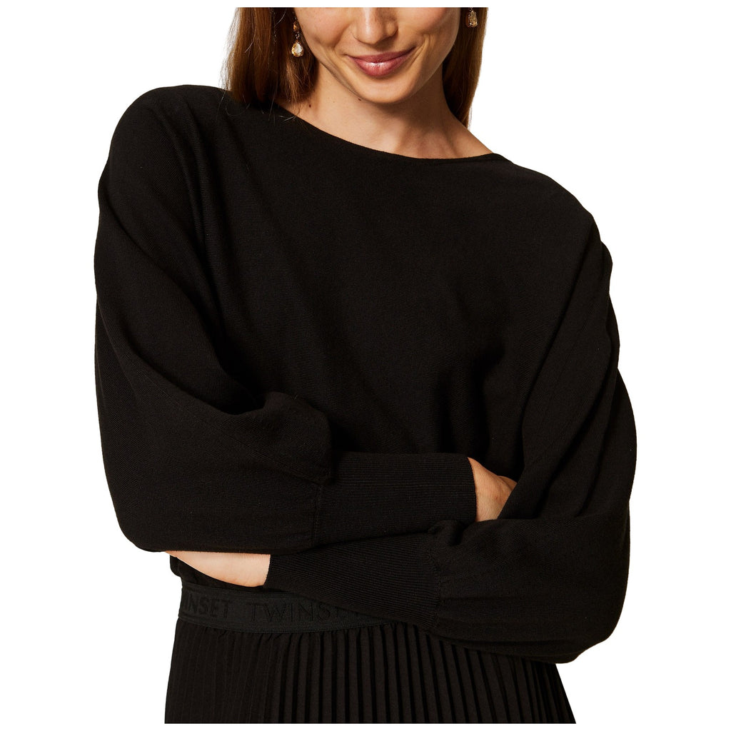 Vestiti casual Donna Twinset - Abito Lungo Bi-materiale Crepe De Chine Plisse' - Nero