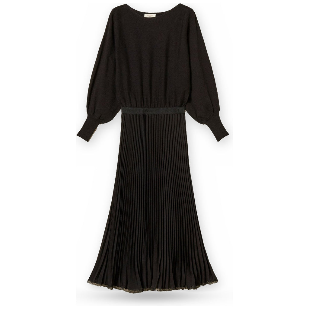 Vestiti casual Donna Twinset - Abito Lungo Bi-materiale Crepe De Chine Plisse' - Nero