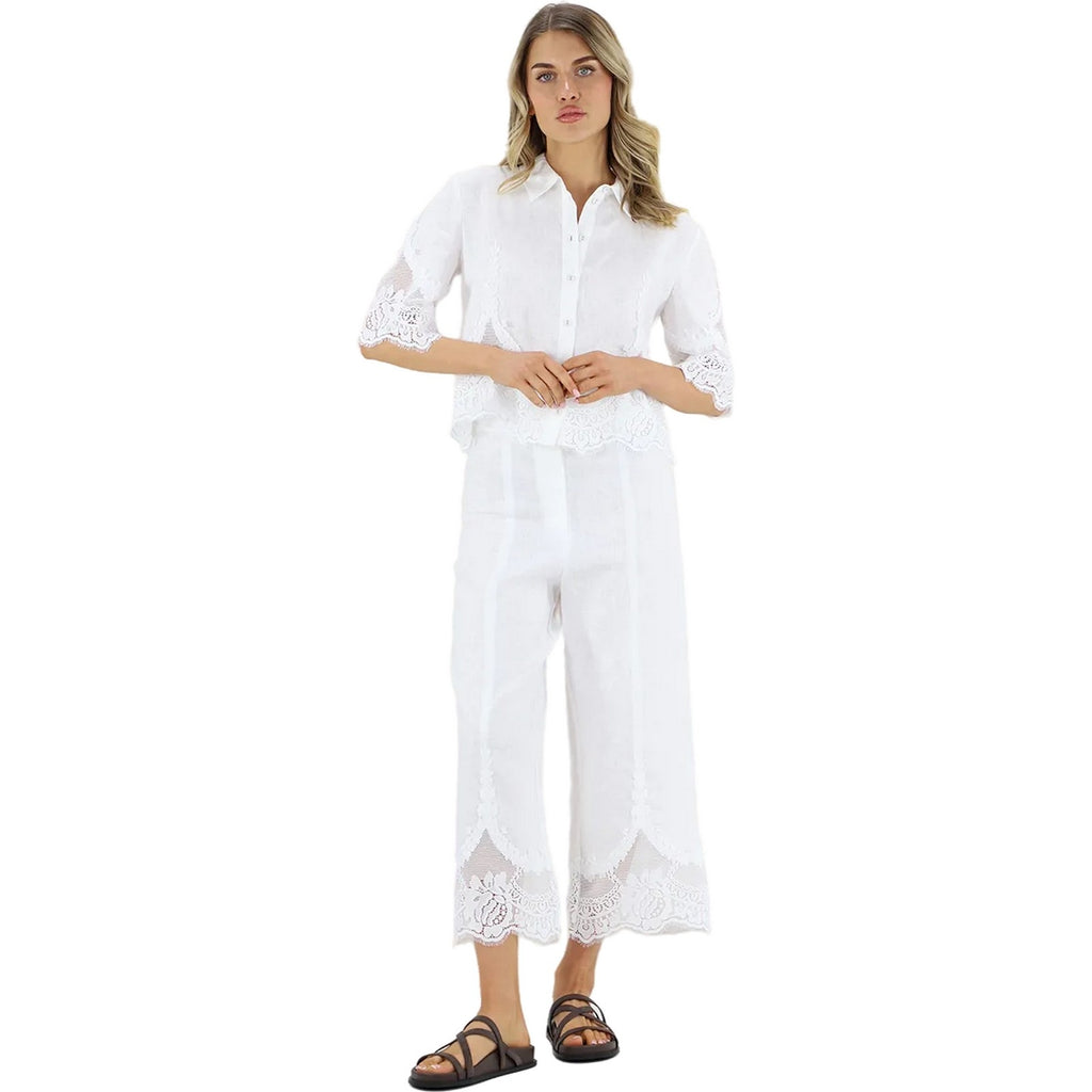 Pantaloni Donna Twinset - Pantalone Cropped Con Pizzo Intarsiato E Cintura - Bianco