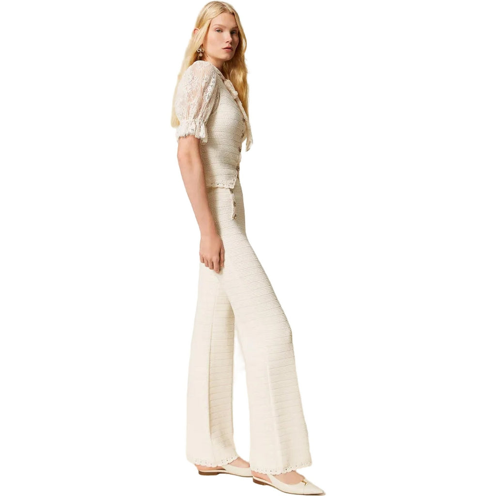 Pantaloni Donna Twinset - Pantalone In Maglia Bordi Crochet - Beige