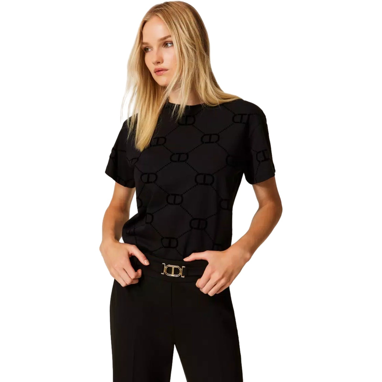 T-shirt Donna Twinset - T-Shirt M/C Stampa Flock All Over - Nero