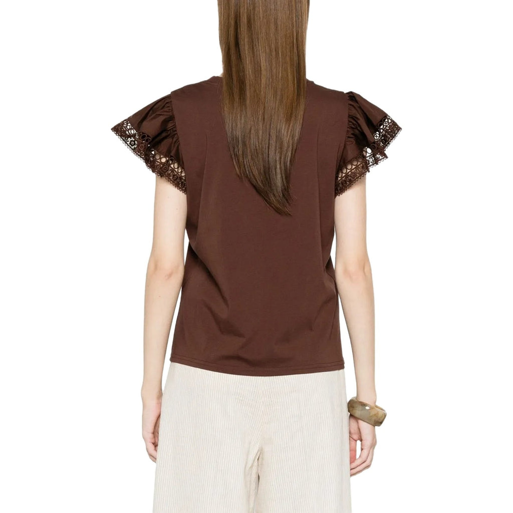 T-shirt Donna Twinset - T-Shirt In Jersey Con Alette In Pizzo - Marrone