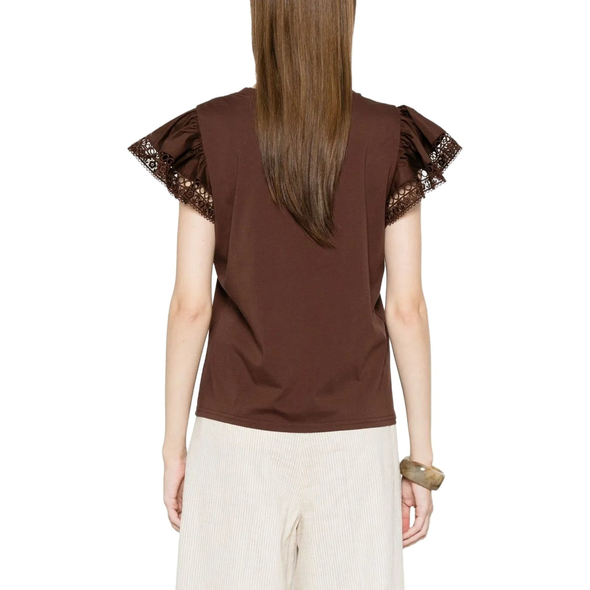 T-shirt Donna Twinset - T-Shirt In Jersey Con Alette In Pizzo - Marrone