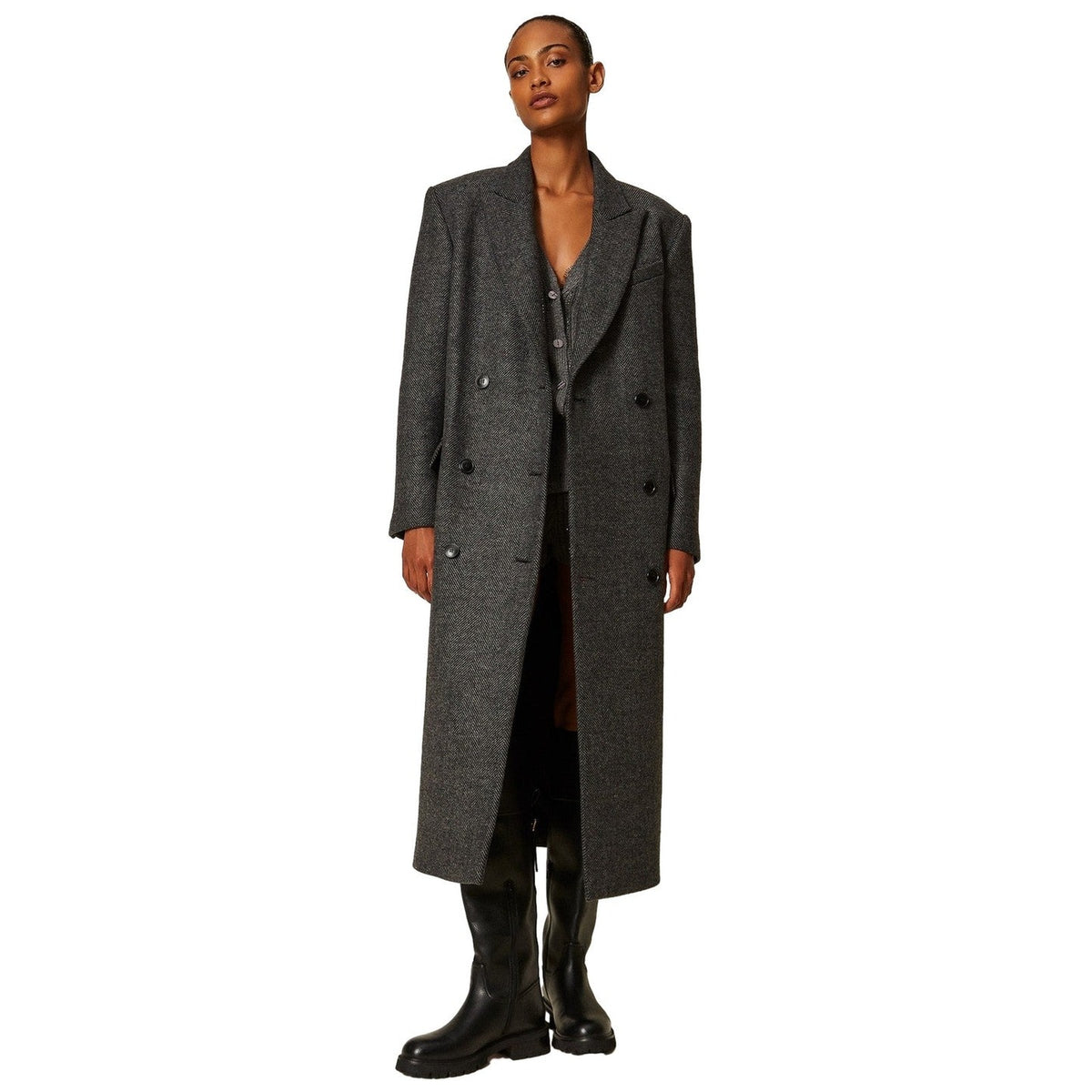 Cappotti Donna Twinset - Cappotto Lungo Doppiopetto - Grigio