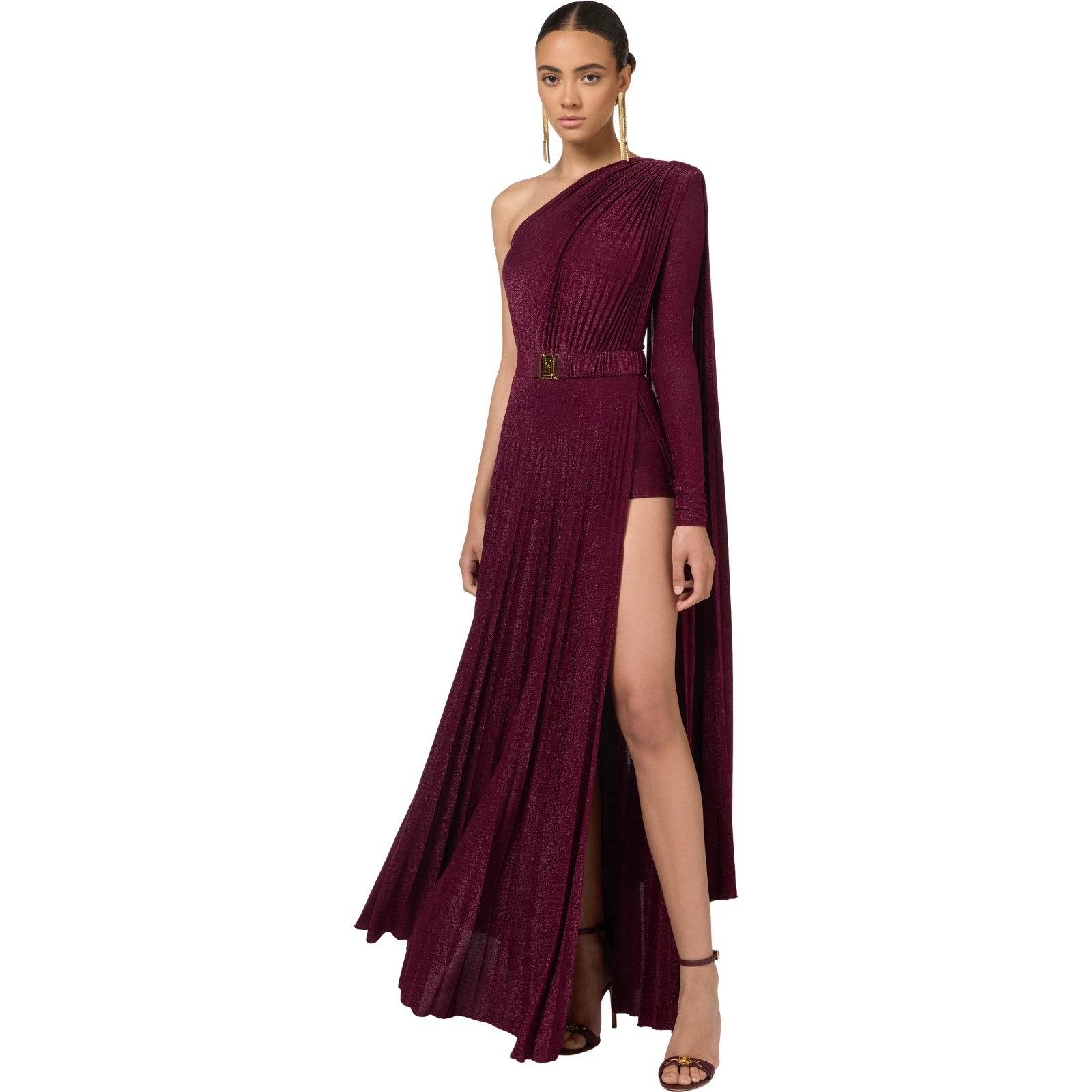 Vestiti da sera e cerimonia Donna Elisabetta Franchi - Abito monospalla red carpet in jersey lurex plisse - Rosso