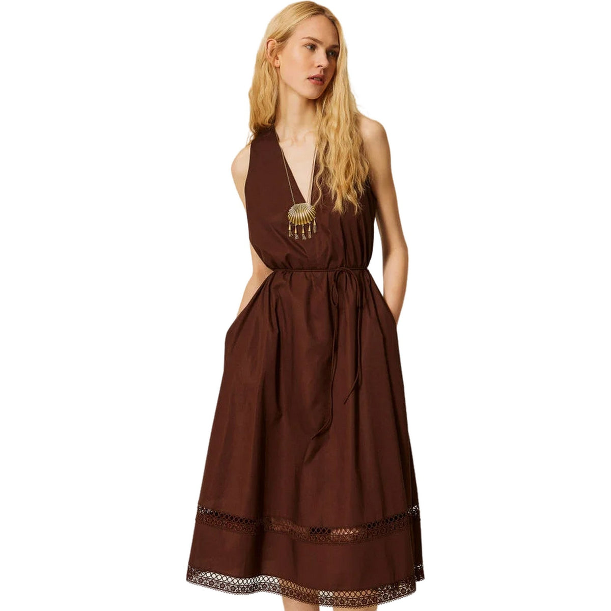 Vestiti da sera e cerimonia Donna Twinset - Abito Lungo S/M Con Macrame' E Cintura - Marrone