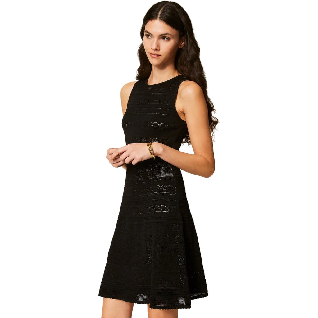 Vestiti casual Donna Twinset - Abito Corto In Maglia Smanicato Mix Punti - Nero