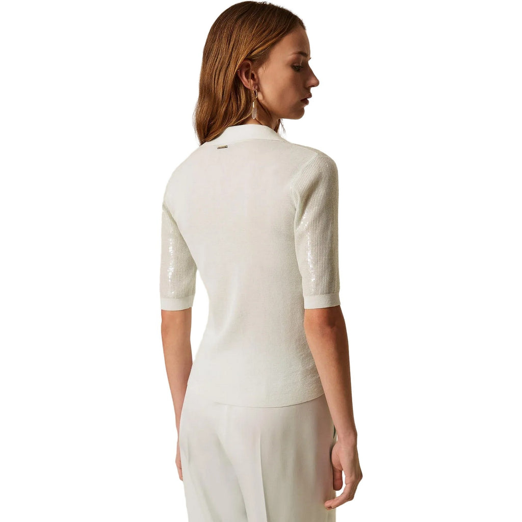 Polo Donna Twinset - Polo In Maglia Ricamo Pailettes - Celeste