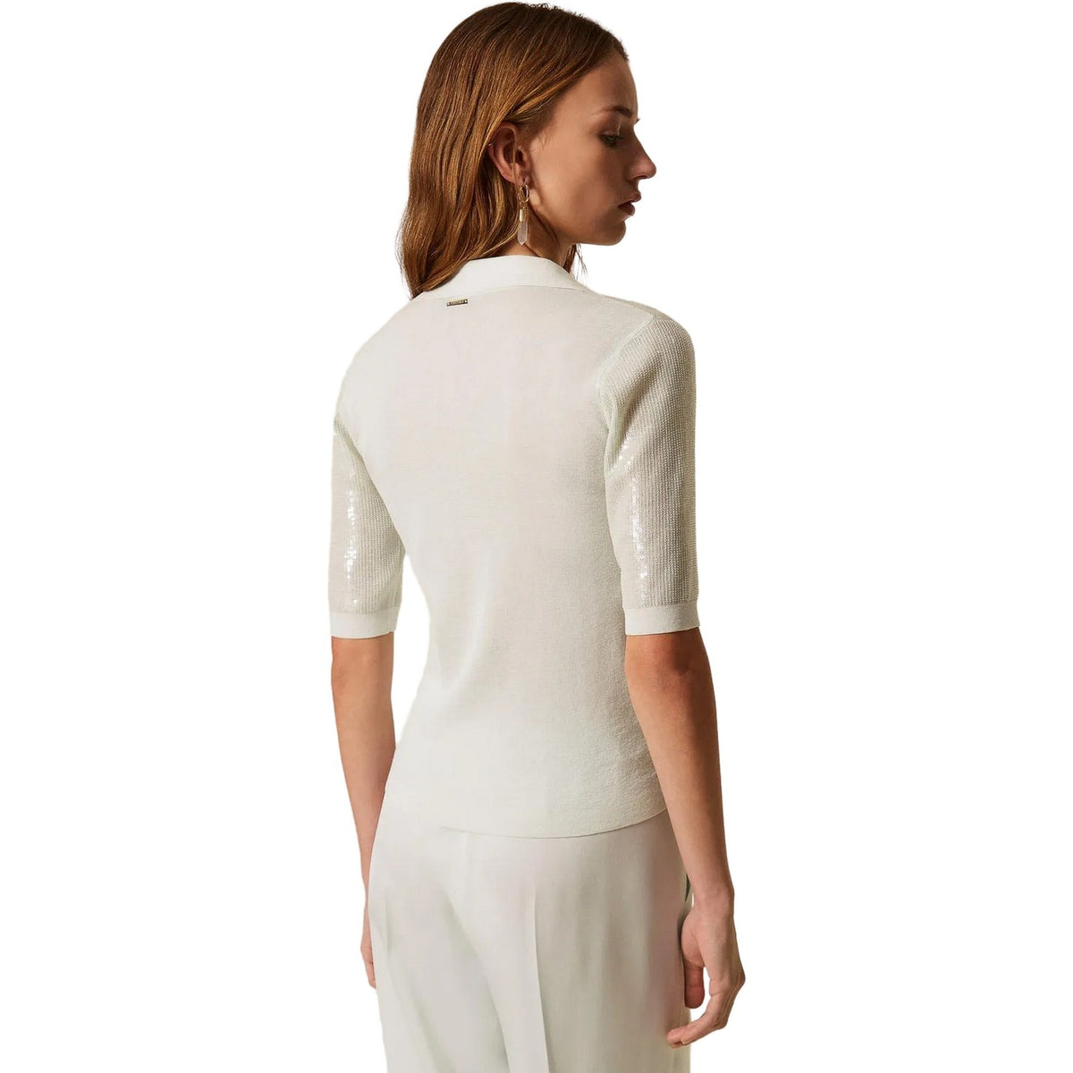 Polo Donna Twinset - Polo In Maglia Ricamo Pailettes - Celeste