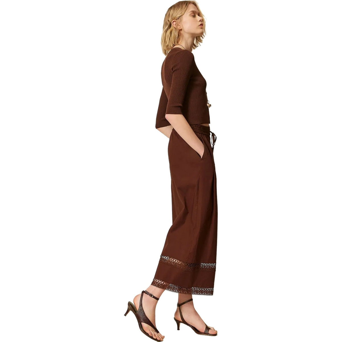 Pantaloni Donna Twinset - Pantalone Con Elastico E Macrame' - Marrone