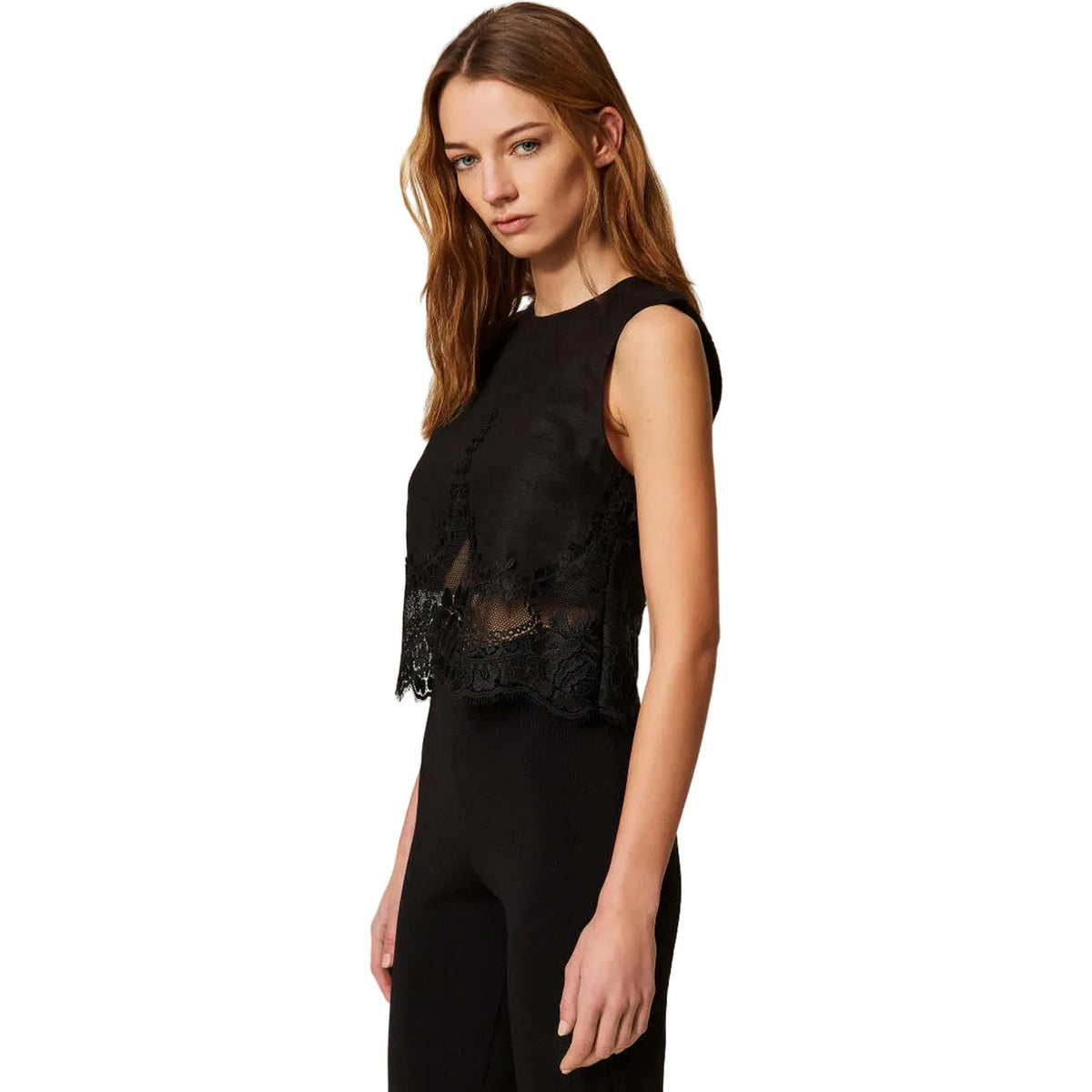 Canotte e top Donna Twinset - Top Con Pizzo Intarsiato - Nero