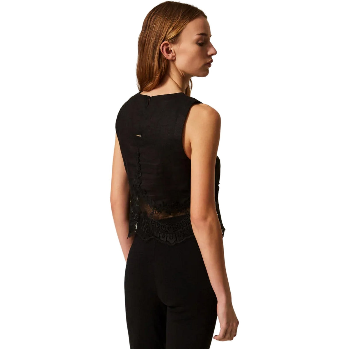 Canotte e top Donna Twinset - Top Con Pizzo Intarsiato - Nero