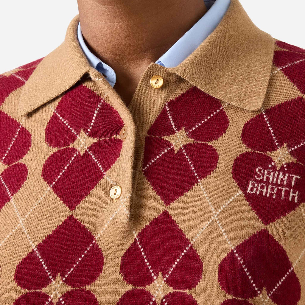 Polo a manica lunga Donna Mc2 Saint Barth - Long Sleeves Knit Polo SB Argyle Hearts 1945 - Marrone/Bordeaux