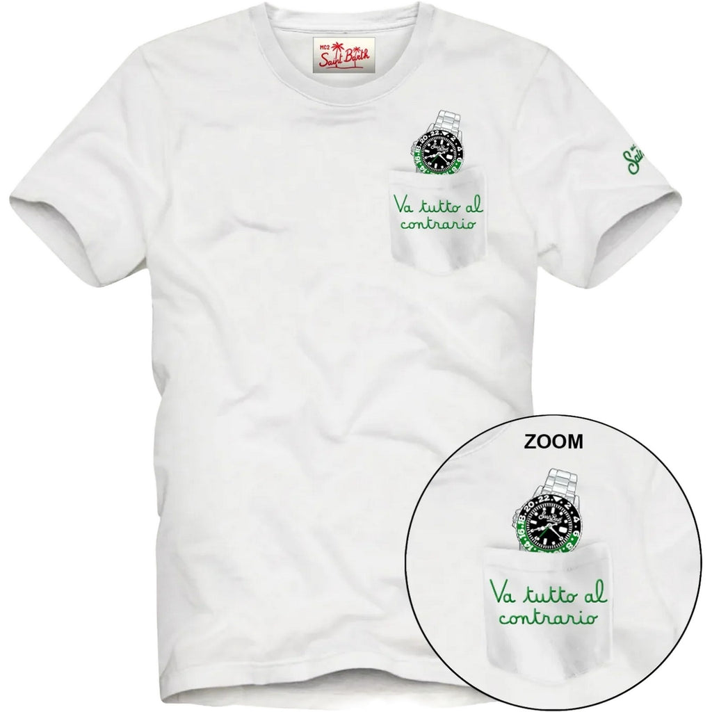 T-shirt Uomo Mc2 Saint Barth - Cotton T-Shirt With Front Pocket And Print - Bianco