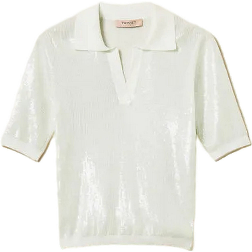 Polo Donna Twinset - Polo In Maglia Ricamo Pailettes - Celeste