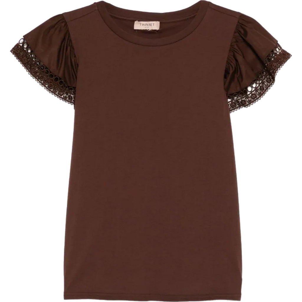 T-shirt Donna Twinset - T-Shirt In Jersey Con Alette In Pizzo - Marrone