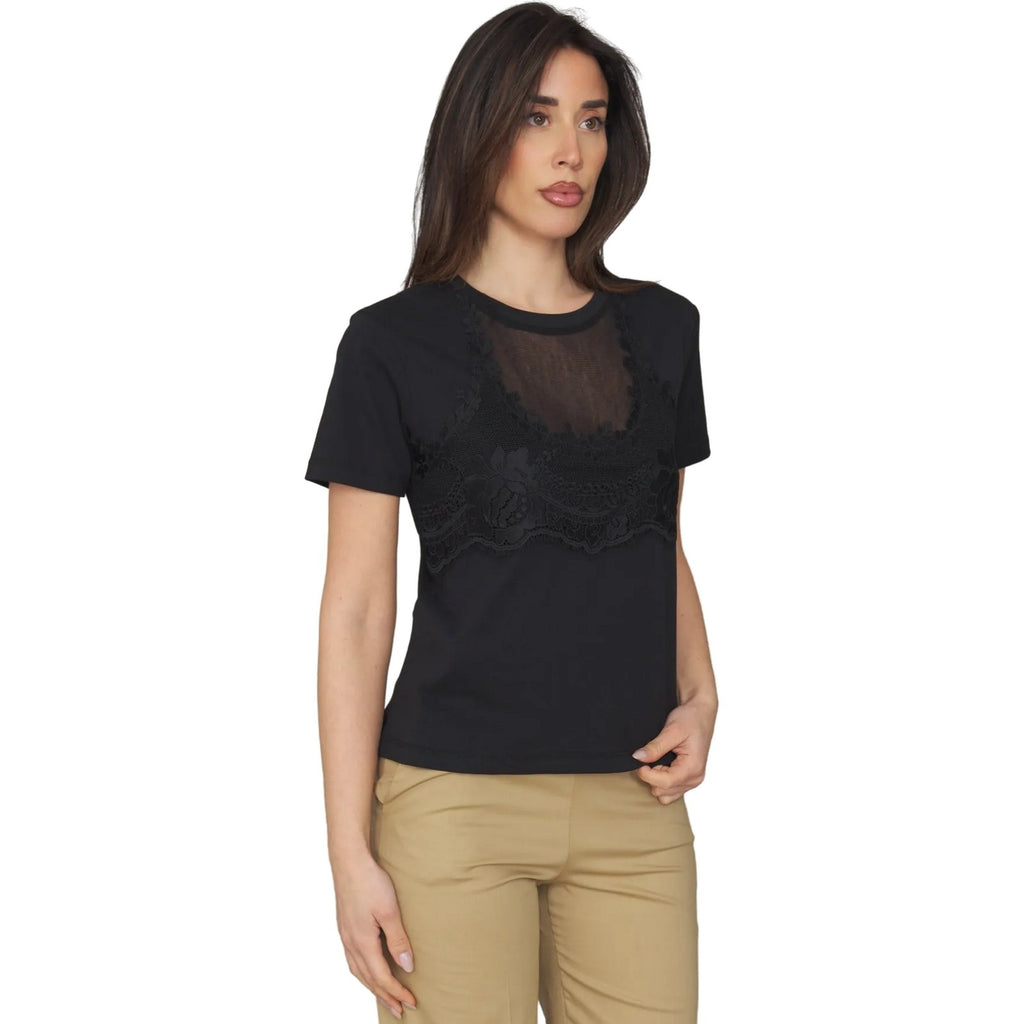 T-shirt Donna Twinset - T-Shirt Jersey Con Tulle E Pizzo - Nero
