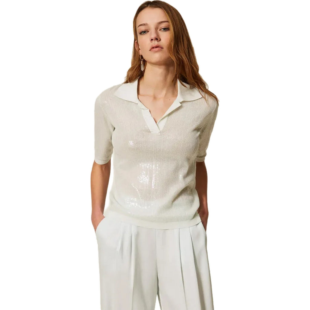 Polo Donna Twinset - Polo In Maglia Ricamo Pailettes - Celeste