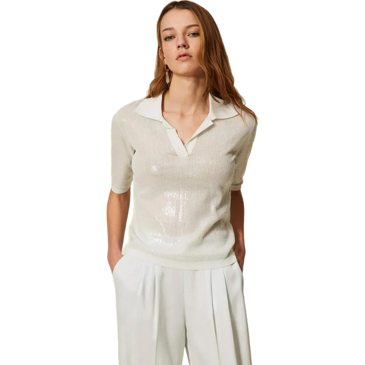 Polo Donna Twinset - Polo In Maglia Ricamo Pailettes - Celeste