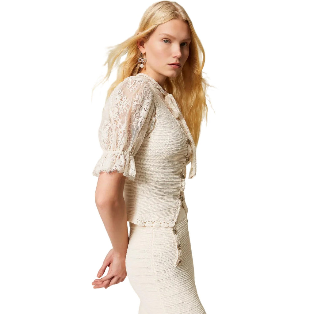 Gilet Donna Twinset - Gilet In Maglia Bordi Crochet - Beige