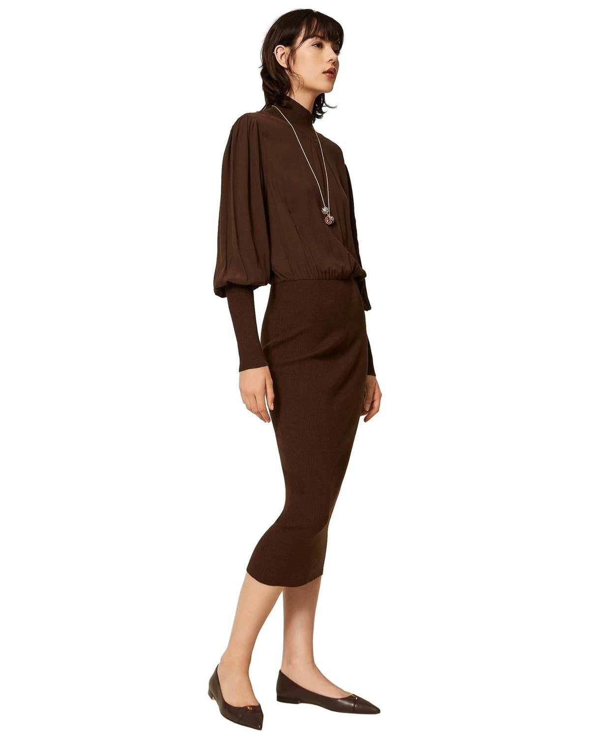 Vestiti casual Donna Twinset - Abito Lungo Bi-materiale Con Crepe De Chine - Marrone