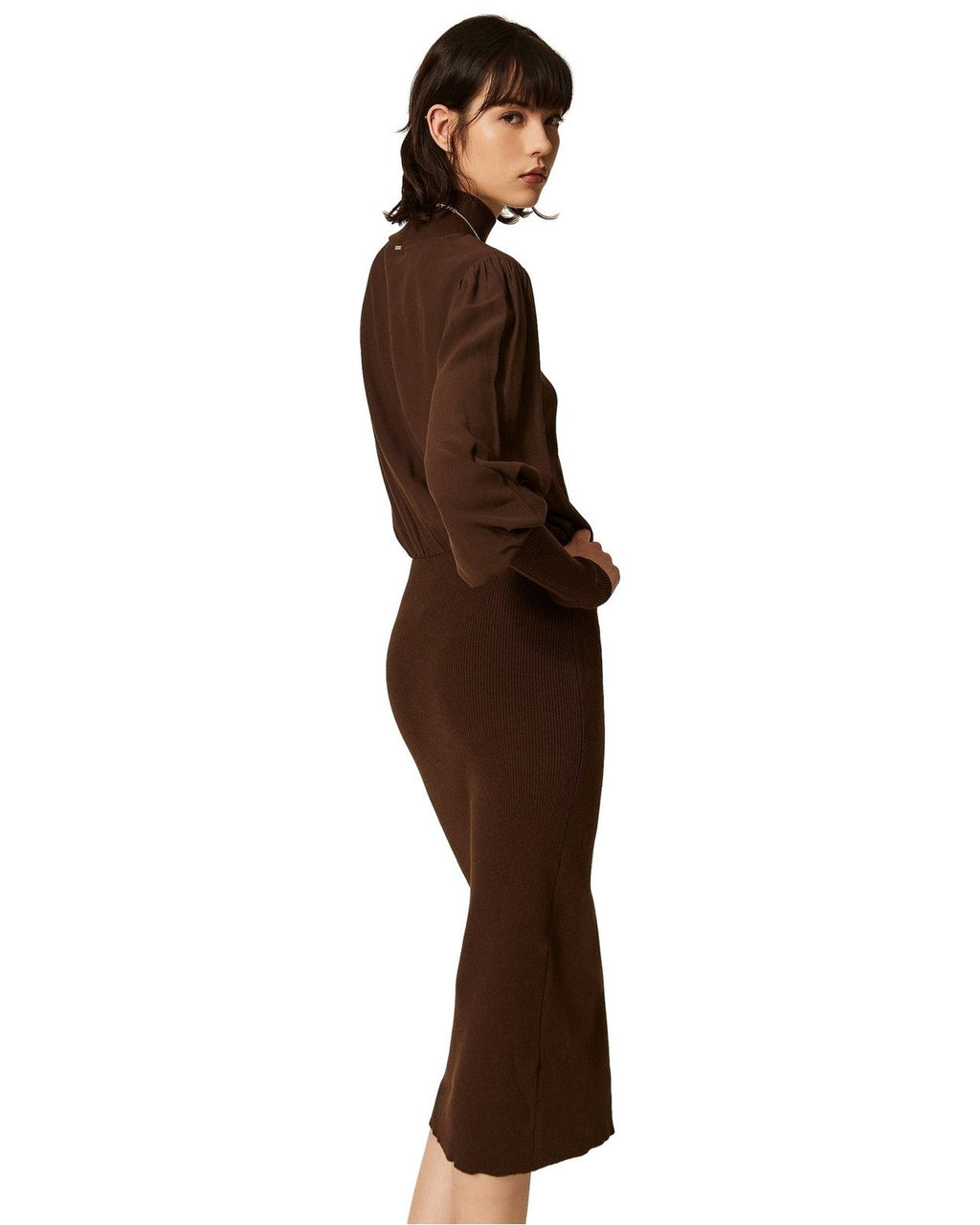 Vestiti casual Donna Twinset - Abito Lungo Bi-materiale Con Crepe De Chine - Marrone