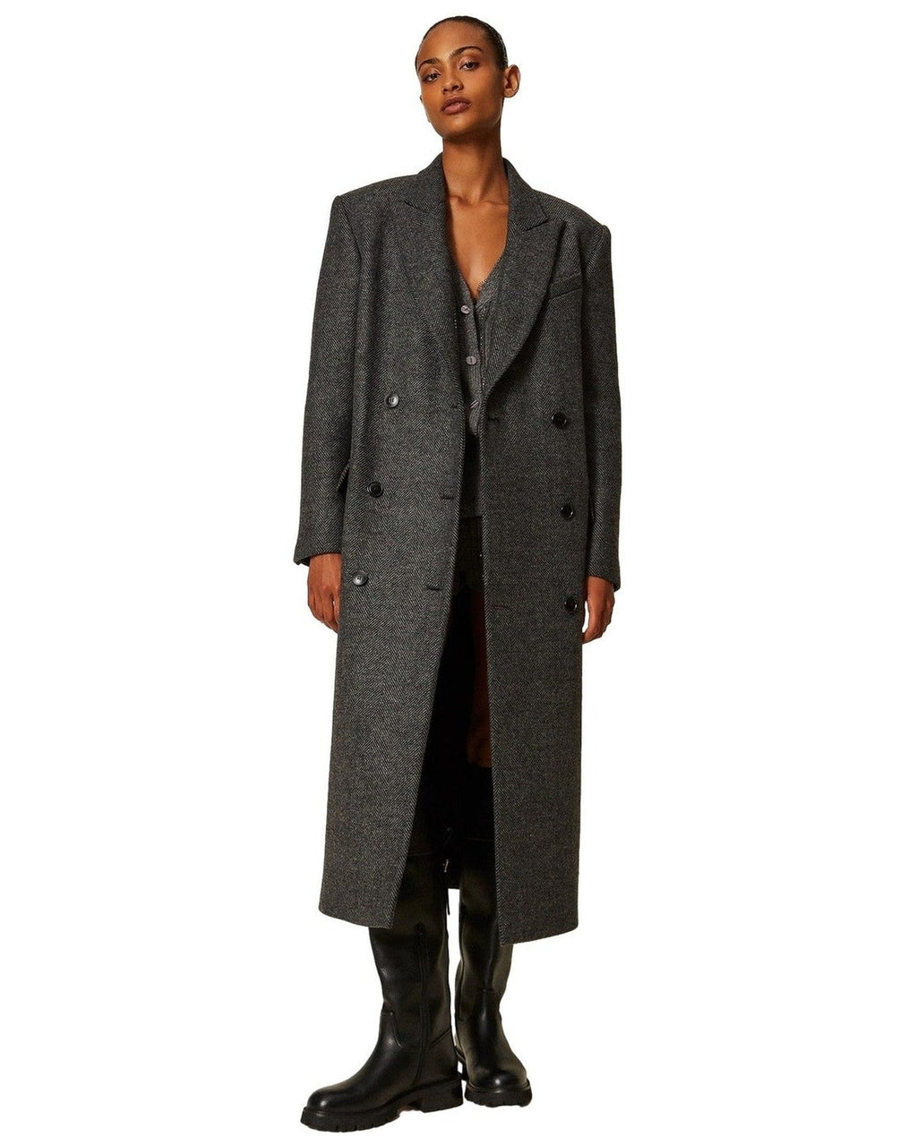 Cappotti Donna Twinset - Cappotto Lungo Doppiopetto - Grigio