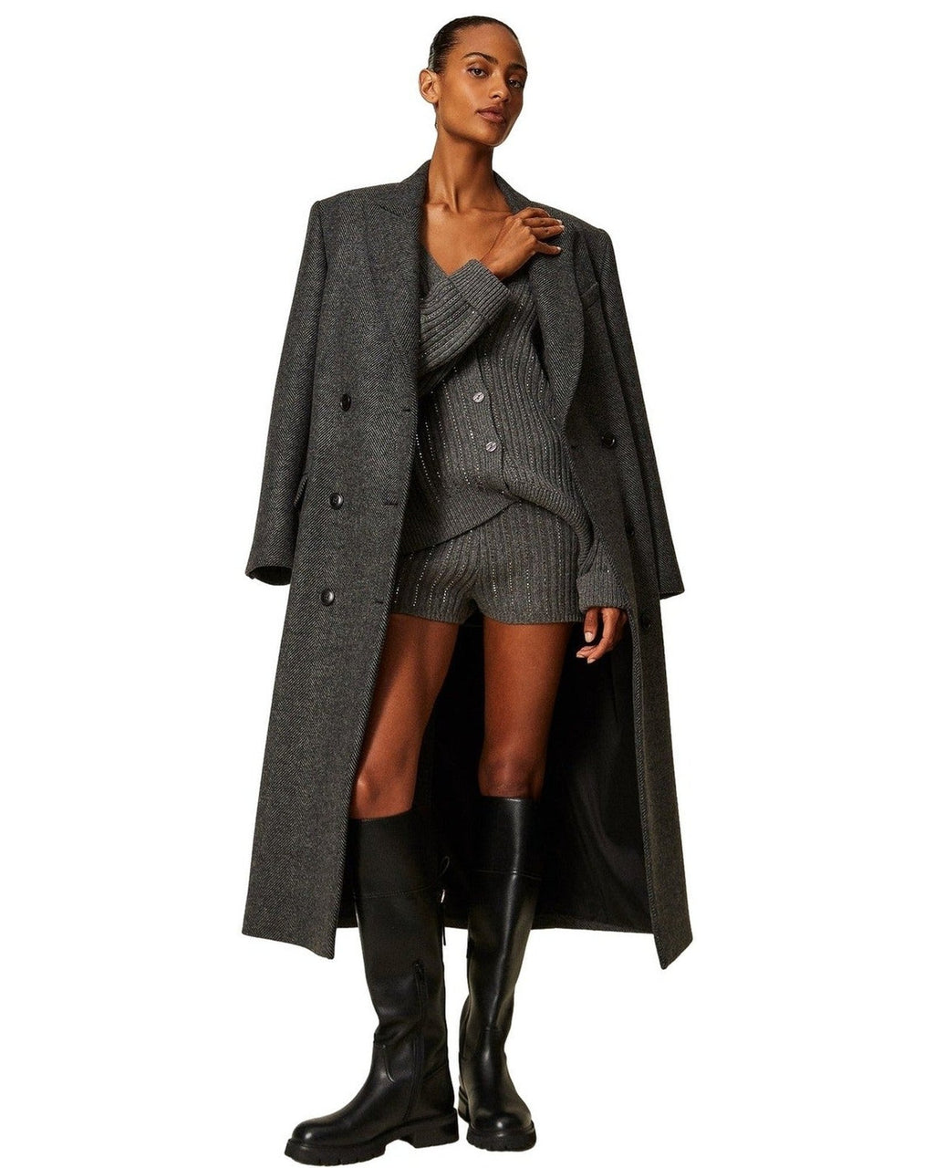 Cappotti Donna Twinset - Cappotto Lungo Doppiopetto - Grigio